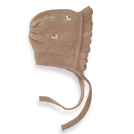 Saga Organic Knitted Bonnet Embroidered Nude